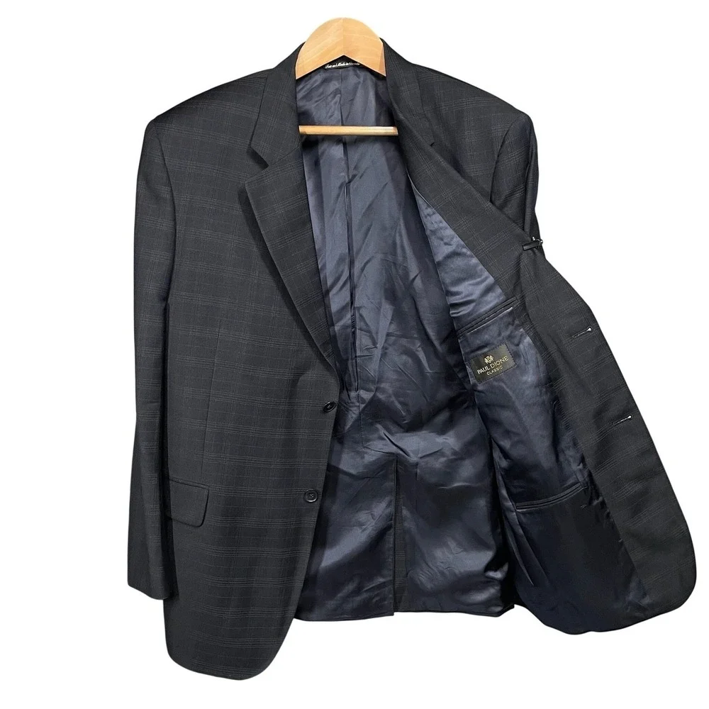 Paul Dione Classic Mens 46R Wool Blazer Jacket Charcoal Gray Glen Plaid Canada